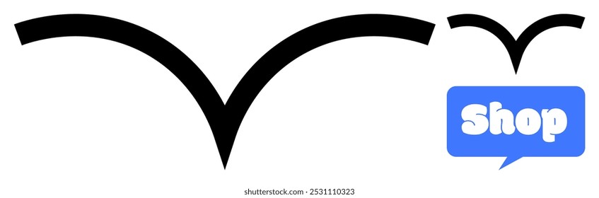Black bird symbol consists of two arcs and a small version next to a blue speech bubble with the word shop. Ideal for branding e-commerce design marketing communication vector graphics. Clean