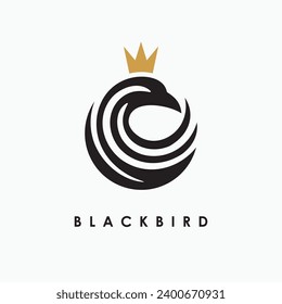 Black bird unique abstract symbol with golden crown. Blackbird logo idea perfect for fashion business. Vector logo design illustration.