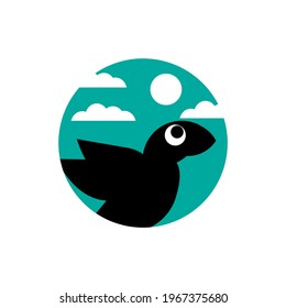black bird vector illustration with white clouds on a simple blue background, great for logos and icons of bird lovers, bird keepers, shops, bird feed shops