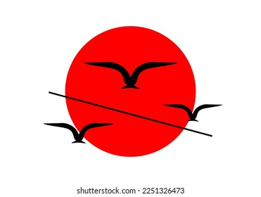 Black bird wing fiying with circle red sun silhouette logo icon on white background flat vector design.