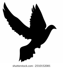 A black bird with its wings spread out in the air. The bird is flying in a white background