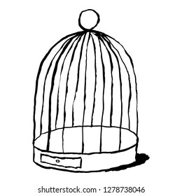 Black birds cage isolated on white background. Cartoon drawing was drawn with the brush and ink. The design graphic element is saved as a vector illustration in the EPS file format.