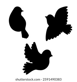 Black birds. Design elements for scrapbook, stencils, stamps, craft. Isolated vector images on white background.