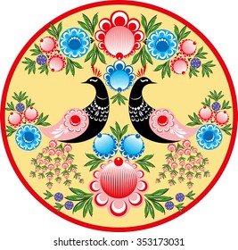 black birds with flowers on yellow background, red, blue flowers