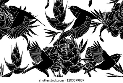 Black birds and flowers pattern. Vector illustration. Botanical seamless wallpaper. Digital nature art. Cartoon style sketch. White background.