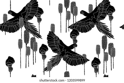 Black birds and flowers pattern. Vector illustration. Botanical seamless wallpaper. Digital nature art. Cartoon style sketch. White background.