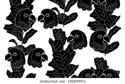 Black birds and flowers pattern. Vector illustration. Botanical seamless wallpaper. Digital nature art. Cartoon style sketch. White background.