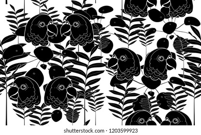 Black birds and flowers pattern. Vector illustration. Botanical seamless wallpaper. Digital nature art. Cartoon style sketch. White background.