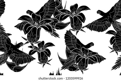 Black birds and flowers pattern. Vector illustration. Botanical seamless wallpaper. Digital nature art. Cartoon style sketch. White background.