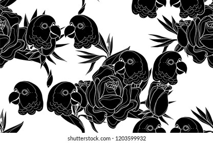 Black birds and flowers pattern. Vector illustration. Botanical seamless wallpaper. Digital nature art. Cartoon style sketch. White background.