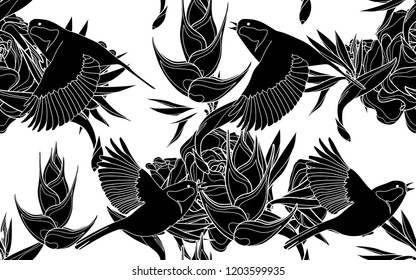 Black birds and flowers pattern. Vector illustration. Botanical seamless wallpaper. Digital nature art. Cartoon style sketch. White background.