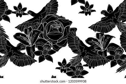 Black birds and flowers pattern. Vector illustration. Botanical seamless wallpaper. Digital nature art. Cartoon style sketch. White background.