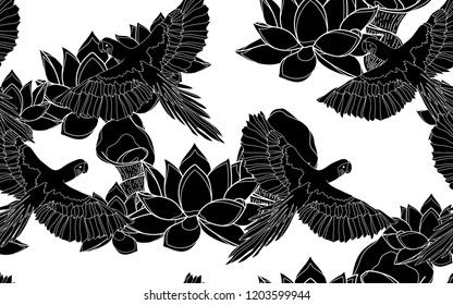 Black birds and flowers pattern. Vector illustration. Botanical seamless wallpaper. Digital nature art. Cartoon style sketch. White background.