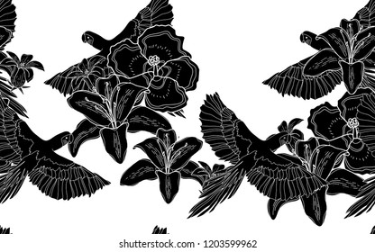 Black birds and flowers pattern. Vector illustration. Botanical seamless wallpaper. Digital nature art. Cartoon style sketch. White background.