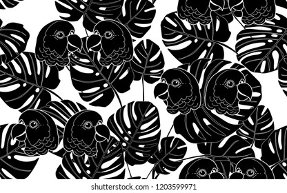 Black birds and flowers pattern. Vector illustration. Botanical seamless wallpaper. Digital nature art. Cartoon style sketch. White background.