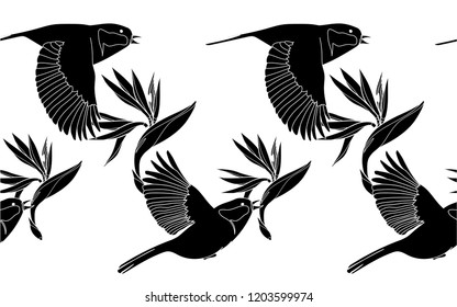 Black birds and flowers pattern. Vector illustration. Botanical seamless wallpaper. Digital nature art. Cartoon style sketch. White background.