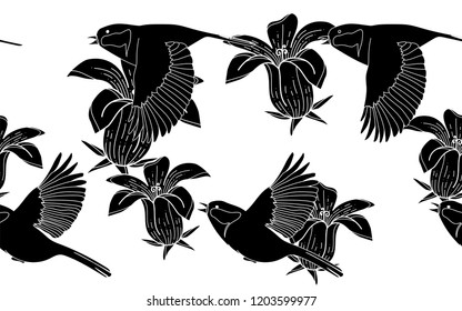 Black birds and flowers pattern. Vector illustration. Botanical seamless wallpaper. Digital nature art. Cartoon style sketch. White background.