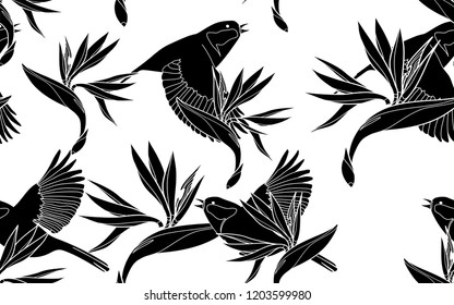 Black birds and flowers pattern. Vector illustration. Botanical seamless wallpaper. Digital nature art. Cartoon style sketch. White background.