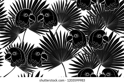 Black birds and flowers pattern. Vector illustration. Botanical seamless wallpaper. Digital nature art. Cartoon style sketch. White background.