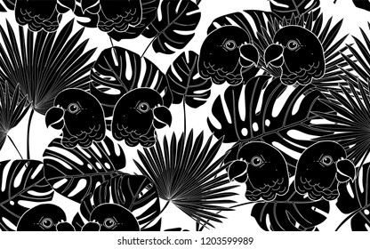 Black birds and flowers pattern. Vector illustration. Botanical seamless wallpaper. Digital nature art. Cartoon style sketch. White background.