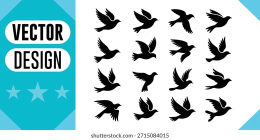 Pájaros negros volando diferentes poses siluetas alas