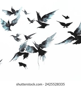 Pájaros negros volando en el cielo acuarela ilustración vectorial, aislado sobre fondo blanco, arte de la naturaleza en blanco y negro, hermoso dibujo en estilo oriental