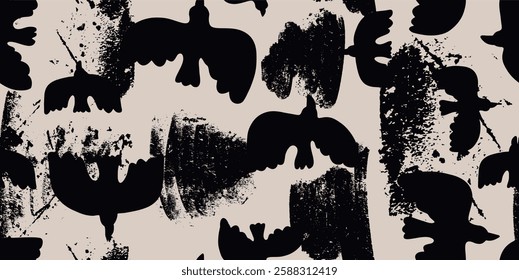 Black Birds Grunge Pattern. Hand drawn style. Collage contemporary print. Fashionable template for design