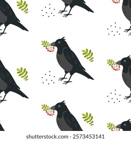 Black birds holding green leaves on a white background create a whimsical pattern