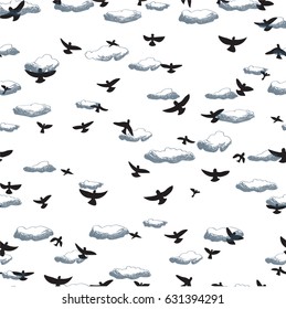 Black birds on a background of blue clouds, seamless pattern, ,Freehand drawing vector illustration,
