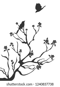 black birds on the tree on white background 