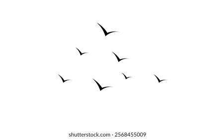 Black birds silhouette flying, marine sky with a flock of doves in different poses, symbolizing freedom, sea gull background, many birds flying in the sky.