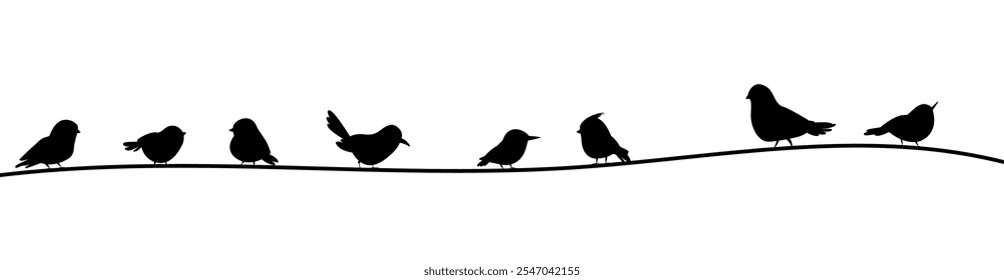 Black birds silhouettes sitting on rope or voltage line. Isolated wall sticker template with bird. Tiny flying forest characters, vector background