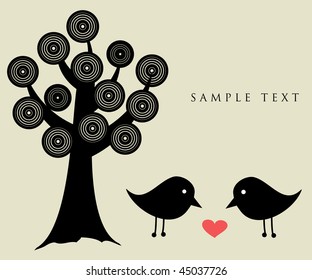 Black birds under abstract tree.