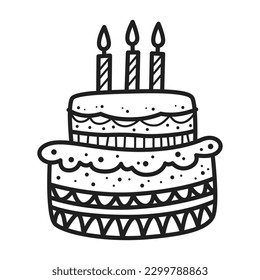 black birthday cake doodle drawing on white background.