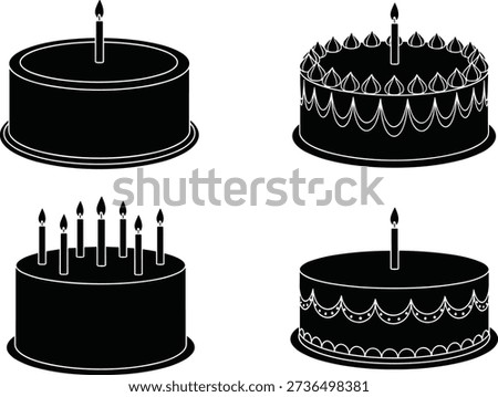 Black Birthday Cake Silhouette Icons Set with Lit Candles and Decorative Frosting for Anniversary Celebration Party Invitations and Graphic Design Elements