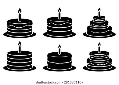 Black Birthday Cakes With Single Lit Candles Displayed In Set