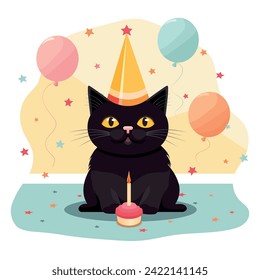 Black Birthday cat. Party with cake, candle, ballons and confetti. Vector illustration