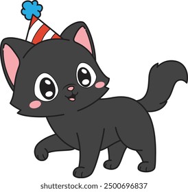 Black birthday cat walking vector illustration