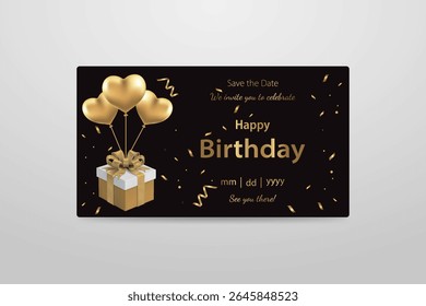 Black Birthday Invitation Template with Gift Box and Golden Heart Balloons