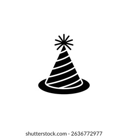 A black birthday party hat with white stripes, finished with a pompom, is isolated on a white background. This graphic symbol evokes festivity and celebration.