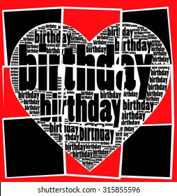 Black birthday words create Love heart illustration with red broken background  together vector print pattern.for fashion and graphic design, birthday celebration and Special gift offer t shirt print