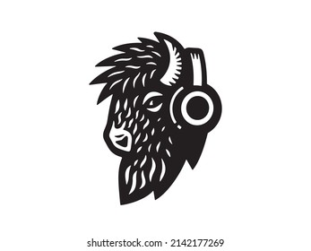 Black bison and headphones. Can be used for your business logo.
