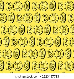 Black Bitcoin seamless pattern on a yellow background.