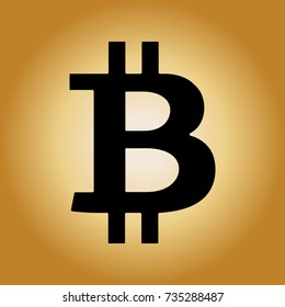 Black bitcoin sign icon on radial gradient golden background. Vector illustration, cryptocurrency icon, symbol. 