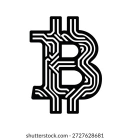 A black bitcoin symbol features an interwoven line pattern creating a circuit or maze effect against a clean, transparent backdrop, providing a modern look.