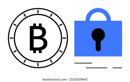 A black Bitcoin symbol inside a circle next to a blue padlock icon. Ideal for financial technology digital currency blockchain security and online transactions themes. Minimalist flat design