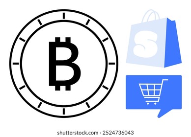 Símbolo Bitcoin preto dentro de uma face do relógio ao lado do ícone do carrinho de compras azul e saco de compras com S. Ideal para plataformas de e-commerce transações de moeda digital on-line varejo criptomoeda compras