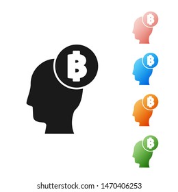 Black Bitcoin think icon isolated on white background. Cryptocurrency head. Blockchain technology, digital money market, cryptocoin wallet. Set icons colorful. Vector Illustration