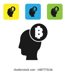 Black Bitcoin think icon isolated on white background. Cryptocurrency head. Blockchain technology, digital money market, cryptocoin wallet. Set icons colorful square buttons. Vector Illustration
