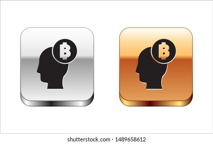 Black Bitcoin think icon isolated on white background. Cryptocurrency head. Blockchain technology, digital money market, cryptocoin wallet. Silver-gold square button. Vector Illustration
